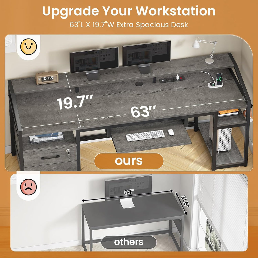 SEDETA 63' Computer Desk, Office Desk with Lockable Drawers for Legal/Letter File, Gaming Desk with LED Lights & Power Outlet, Home Office Desks with Storage, Grey