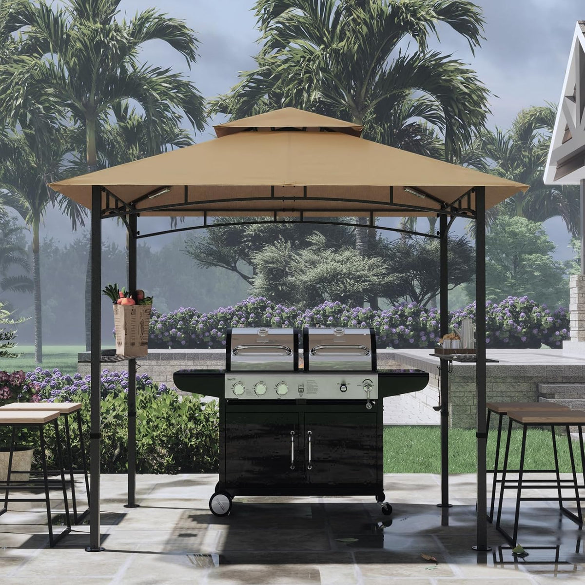 COOSHADE 8'x 5' Grill Gazebo Double Tiered Outdoor BBQ Gazebo Canopy with LED Light (Khaki)