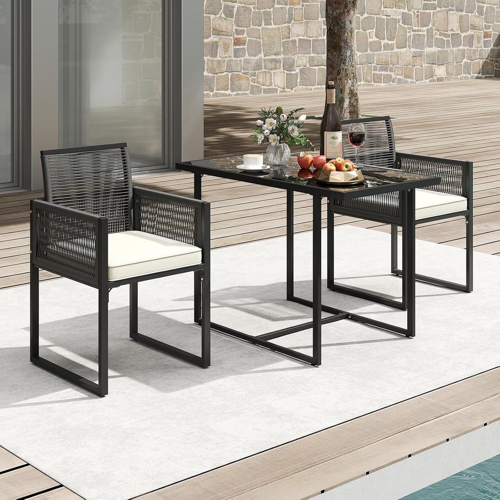 DORTALA Wicker Outdoor Bistro Set 3 Piece, Small Patio Furniture Dining Set with with Cushions, Tempered Glass Tabletop, All- Weather Table and Chairs for Backyard, Balcony, Poolside, Black+White