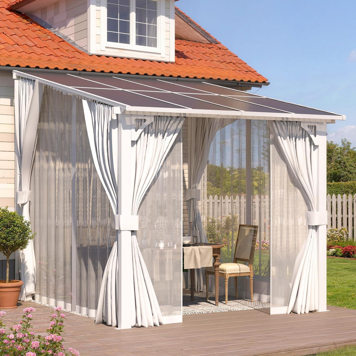 AECOJOY 8'x8' Outdoor Lean to Gazebo Pergola with Curtains and Netting for Patio, Small Wall Mounted Pergolas and Grill Gazebos Clearance, Heavy Duty Carport Metal Awnings Canopy for Deck in White