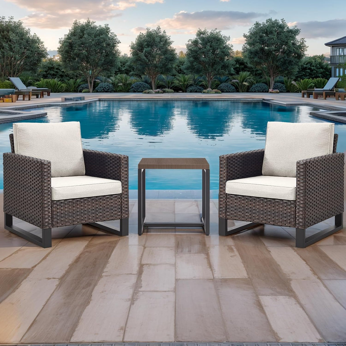 Luxury Wicker Outdoor Patio Chairs Set - 3 Piece Rattan Patio Furniture Bistro Chairs Set with Waterproof Wicker,Comfortable Cushions and Sturdy Metal Frame for Porch Deck Backyard(Brown/Beige)