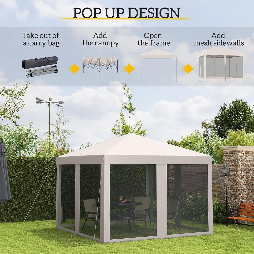 Outsunny 10' x 10' Pop Up Canopy Tent with Netting, Instant Gazebo, Screen House Room with Carry Bag, Height Adjustable, for Outdoor, Garden, Patio, Camping, Beige