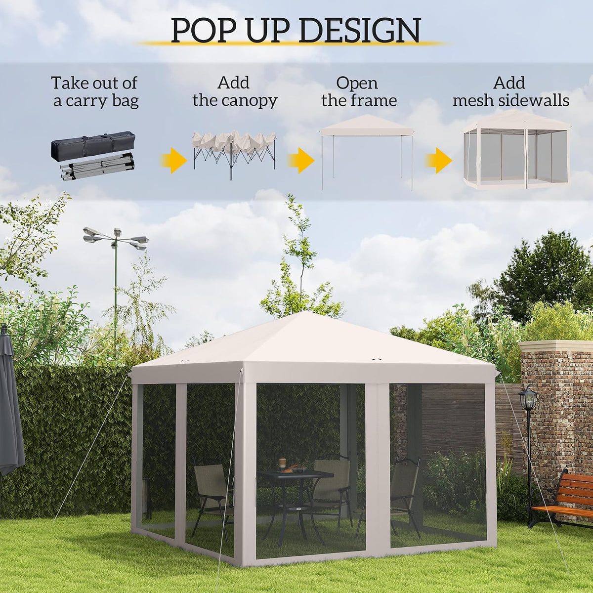 Outsunny 10' x 10' Pop Up Canopy Tent with Netting, Instant Gazebo, Screen House Room with Carry Bag, Height Adjustable, for Outdoor, Garden, Patio, Camping, Beige