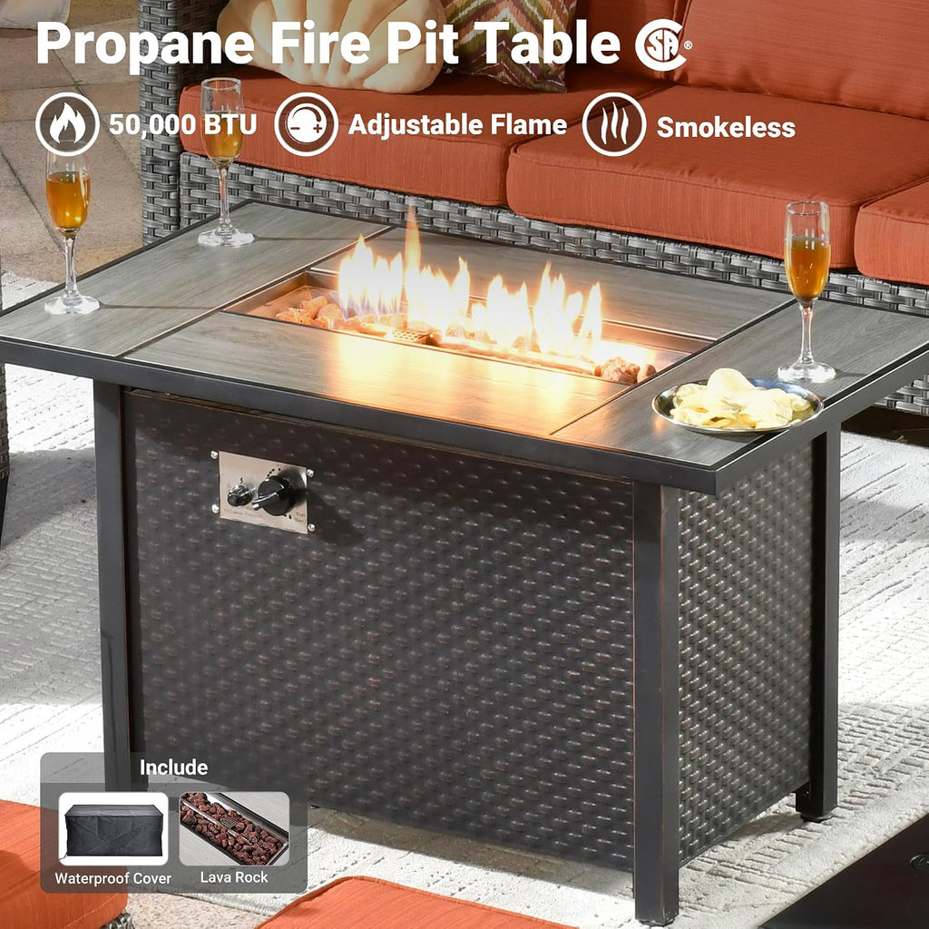ovios 7 Pieces Patio Furniture Set with 42' Fire Pit Table, Outdoor Wicker Sofa with Swivel Chairs, All Weather High Back Rattan Couch Conversation Set, Orange Red