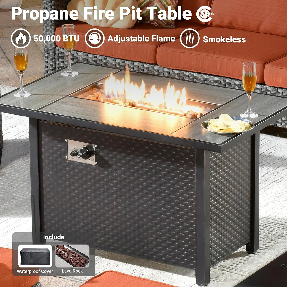 ovios 7 Pieces Patio Furniture Set with 42' Fire Pit Table, Outdoor Wicker Sofa with Swivel Chairs, All Weather High Back Rattan Couch Conversation Set, Orange Red