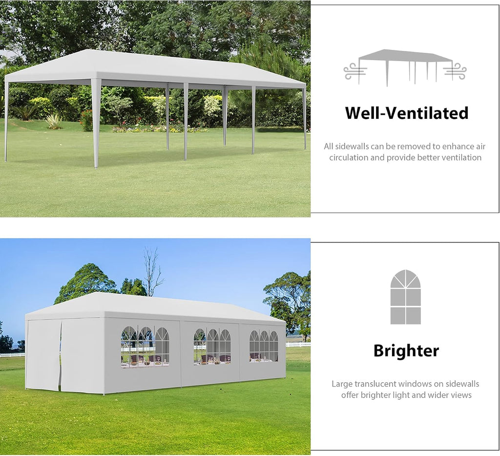 10' x 30' Outdoor Waterproof Gazebo Canopy Tent with Removable Sidewalls and Windows Heavy Duty Tent for Party Wedding Events Beach BBQ, White