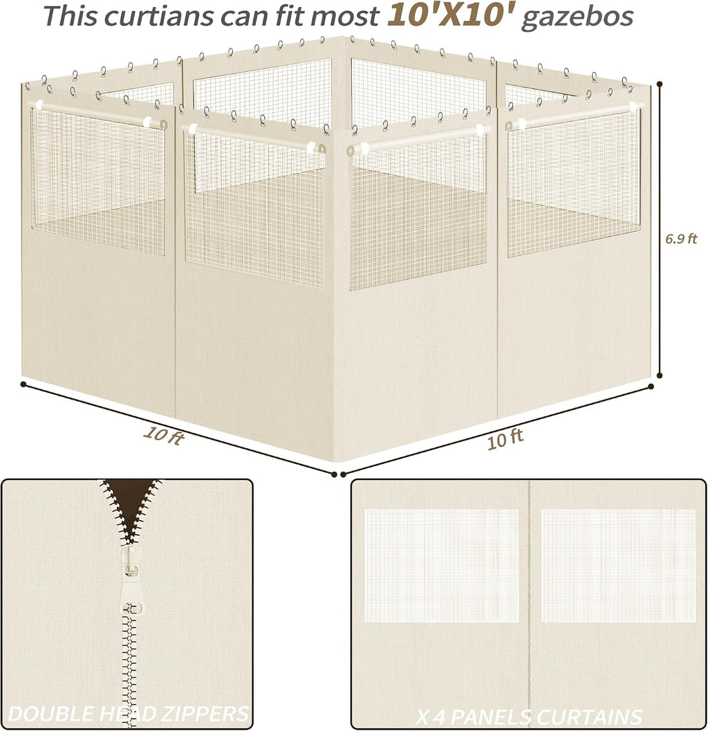 Gazebo Privacy Curtains 10' x 12' with Mosquito Windows, 4-Panels Side Wall with Zipper Universal Replacement for Patio, Outdoor Canopy, Garden and Backyard, Beige(Curtain Only)