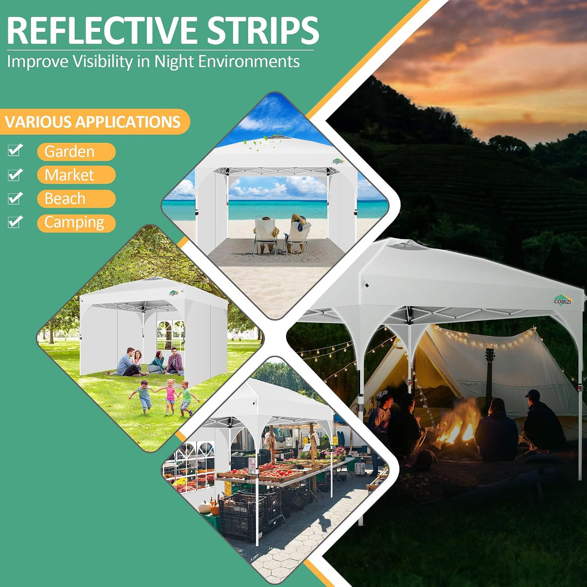 COBIZI 10x10 Pop up Canopy, Canopy Tent for Party with One Push Central Button Air Vent, Event Shelter with Sidewalls and Reflective Strip (White)