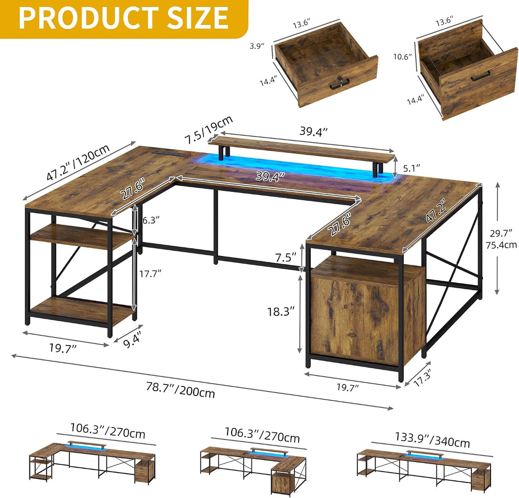 DWVO U Shaped Desk with Drawers, 79' Reversible L Shaped Desk with Power Outlets & LED Lights, Corner Computer Desk with Monitor Stand & Storage Shelves, Rustic Brown