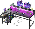DurayLoly 48' L- Shaped Gaming Desk with LED Lights & Power Outlet,Gaming Desk with Monitor Stand for Gamer,Home Office Desk with Drawer for Student Study Room,Bedroom,Small Working Room,Black