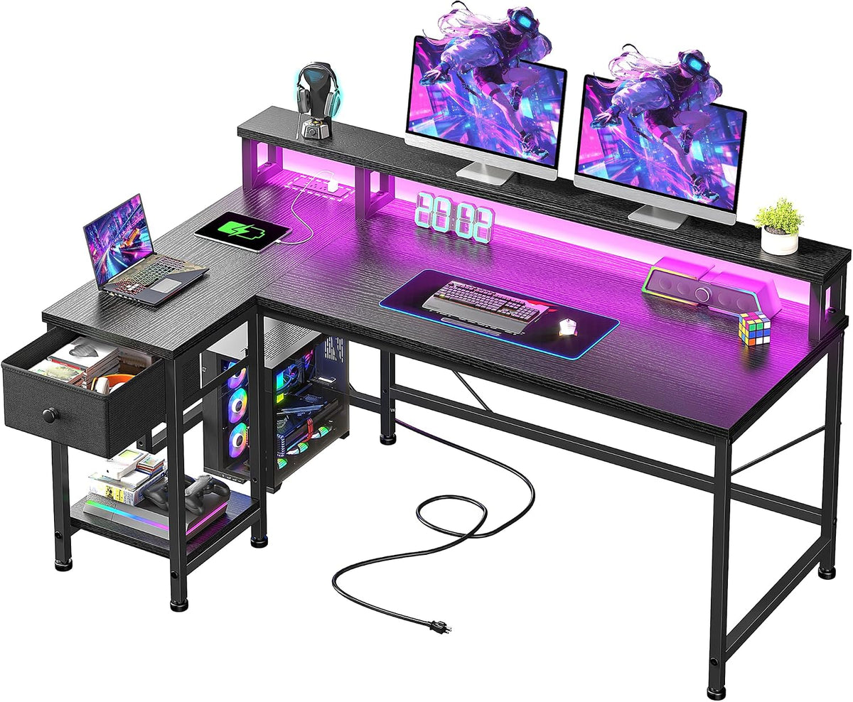 DurayLoly 48' L- Shaped Gaming Desk with LED Lights & Power Outlet,Gaming Desk with Monitor Stand for Gamer,Home Office Desk with Drawer for Student Study Room,Bedroom,Small Working Room,Black