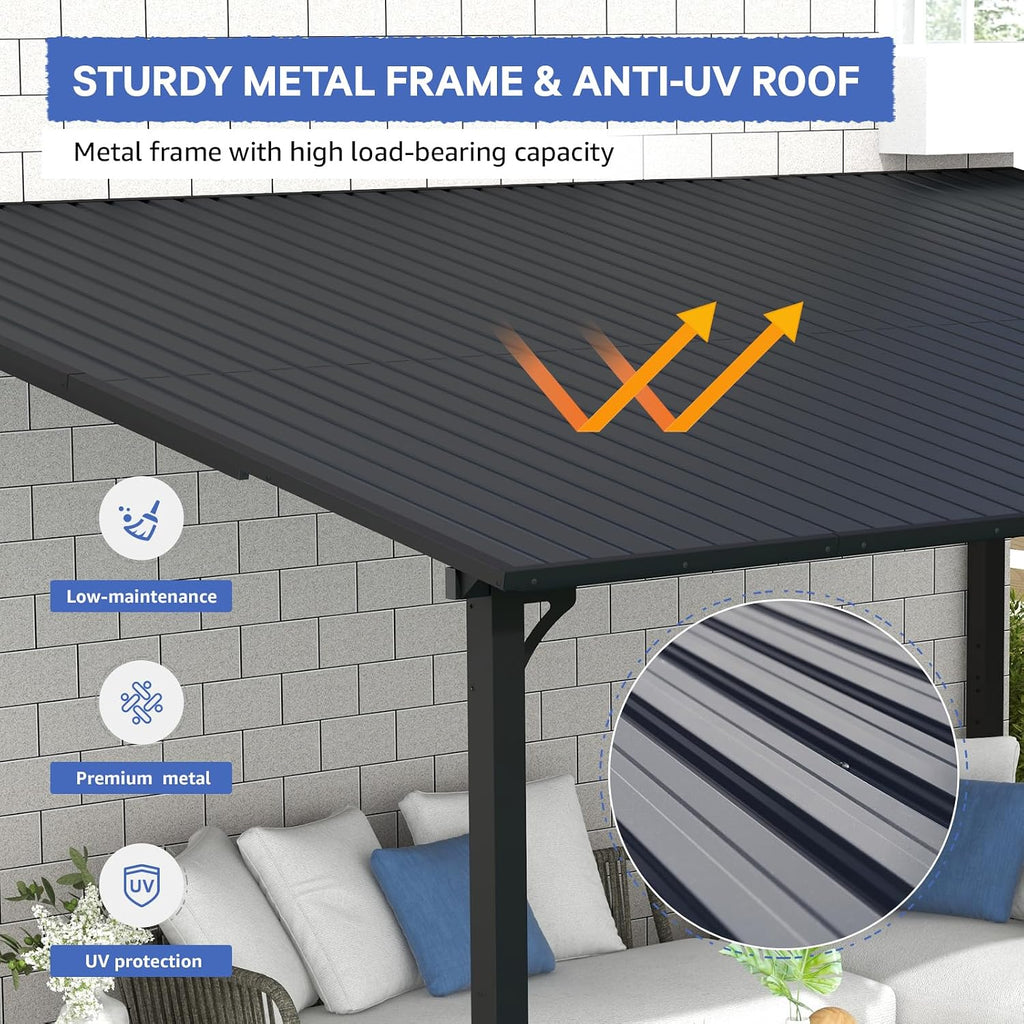 SUNSITT 10 * 10FT Outdoor Gazebo, Lean to Gazebo Pergola w/Drainage Holes, Wall-Mounted Gazebos with Galvanized Iron Hard Top Awnings for Yard, Dark Grey