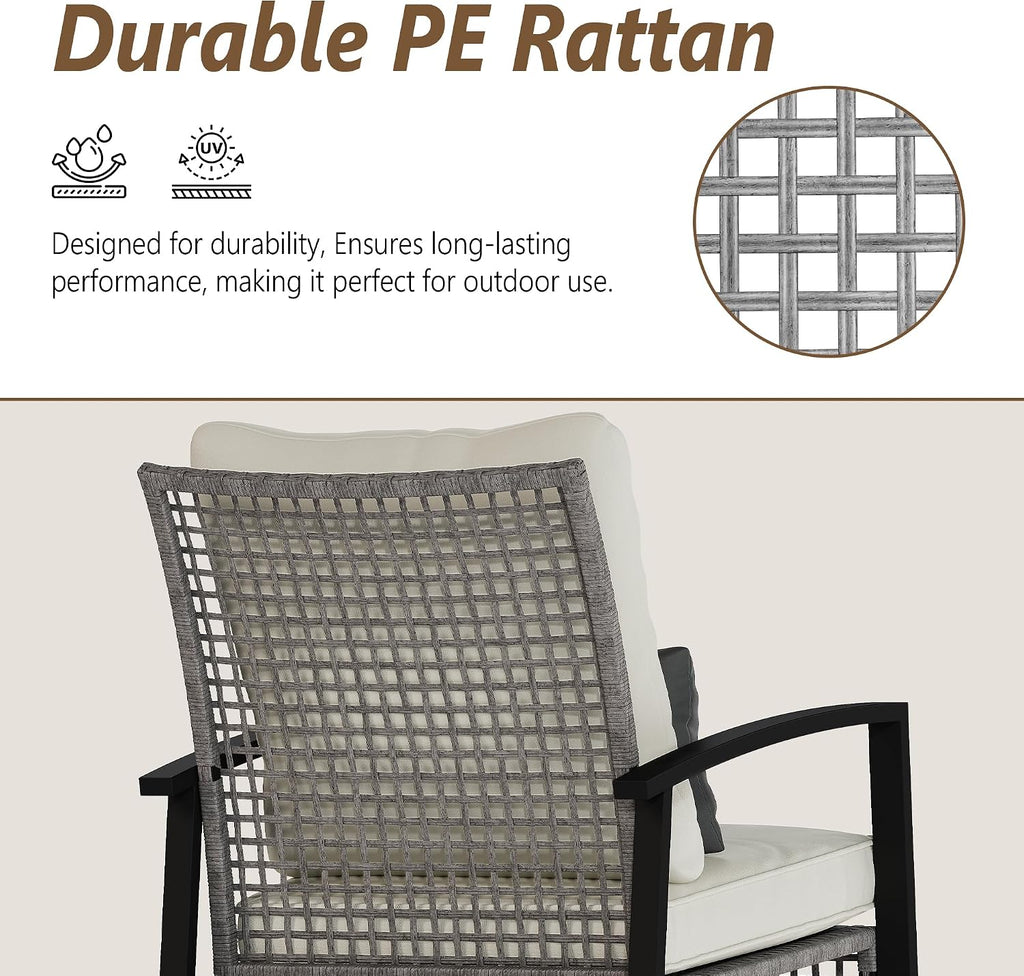 3 Piece Patio Rocking Chairs Set of 2, Outdoor Rocking Chair Bistro Set with Tempered Glass Coffee Table and Thick Lumbar Pillow Set, Front Porch Chairs for Garden, Backyard (Gray Rattan)