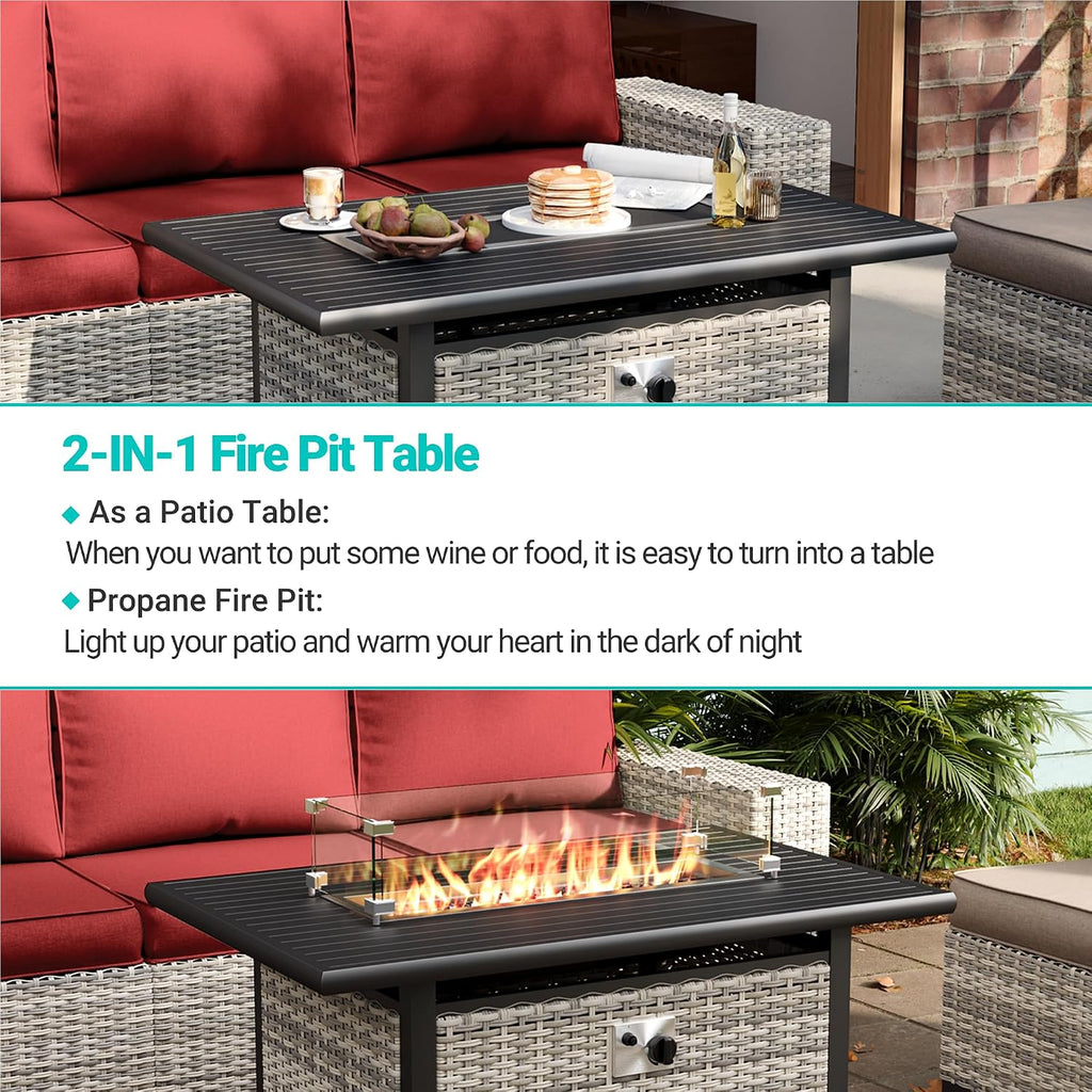 8-Piece Outdoor Patio Furniture Set with 55,000 BTU Fire Pit Table, PE Wicker Rattan Sectional Sofa Conversation Set - All-Weather Garden, Backyard Furniture, Red