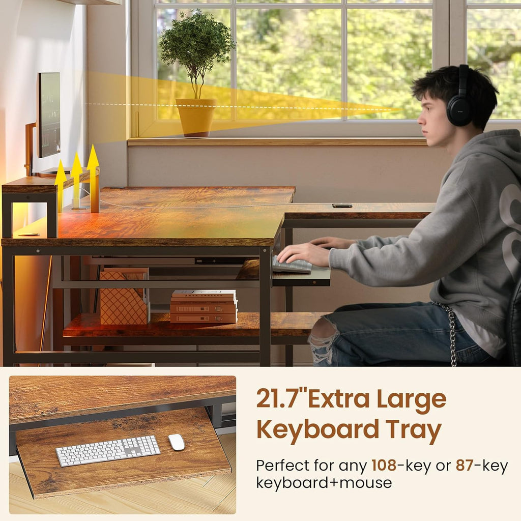SEDETA 94.5' Home Office Desks, Computer Gaming Desk with Storage, LED Lights, Power Strip with USB, Keyboard Tray & Monitor Stand, Extra Long Double Desk for 2 Person, Rustic Brown