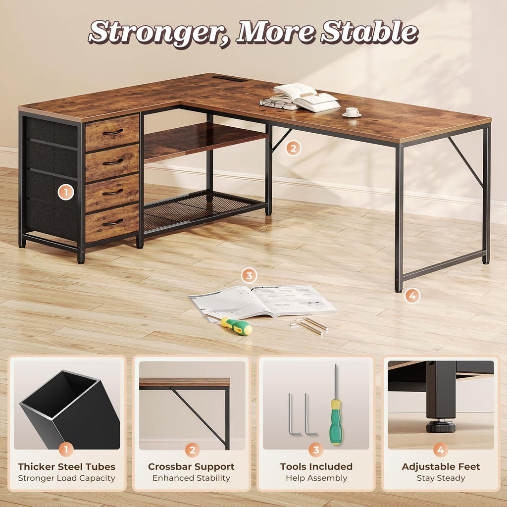 PRAISUN 61' L Shaped Desk with Power Outlets and USB-C Port, Reversible Computer Corner Office Desk with 4 Fabric Drawers and 2 Height-Adjustable Shelves, Large for Gaming Writing Study, Rustic Brown