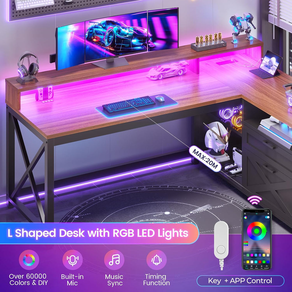 SEDETA L Shaped Gaming Desk with Drawers, 55' Farmhouse Computer Desk with File Drawer and Storage Shelves, Corner Gaming Desk with LED Lights and Monitor Shelf, Black and Brown