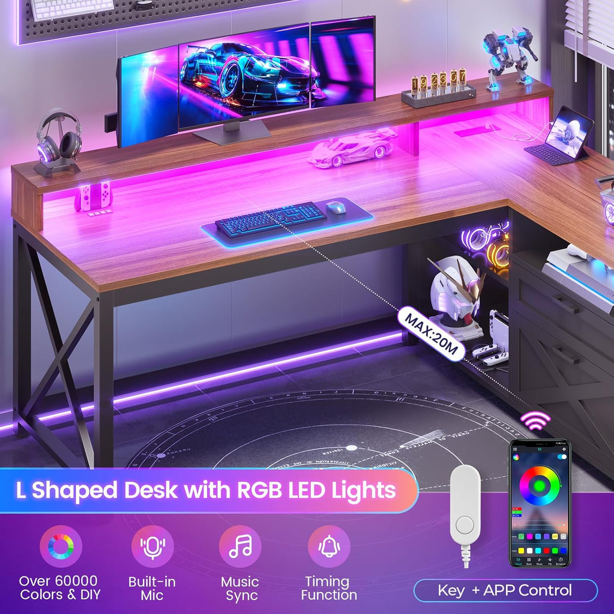SEDETA L Shaped Gaming Desk with Drawers, 55' Farmhouse Computer Desk with File Drawer and Storage Shelves, Corner Gaming Desk with LED Lights and Monitor Shelf, Black and Brown