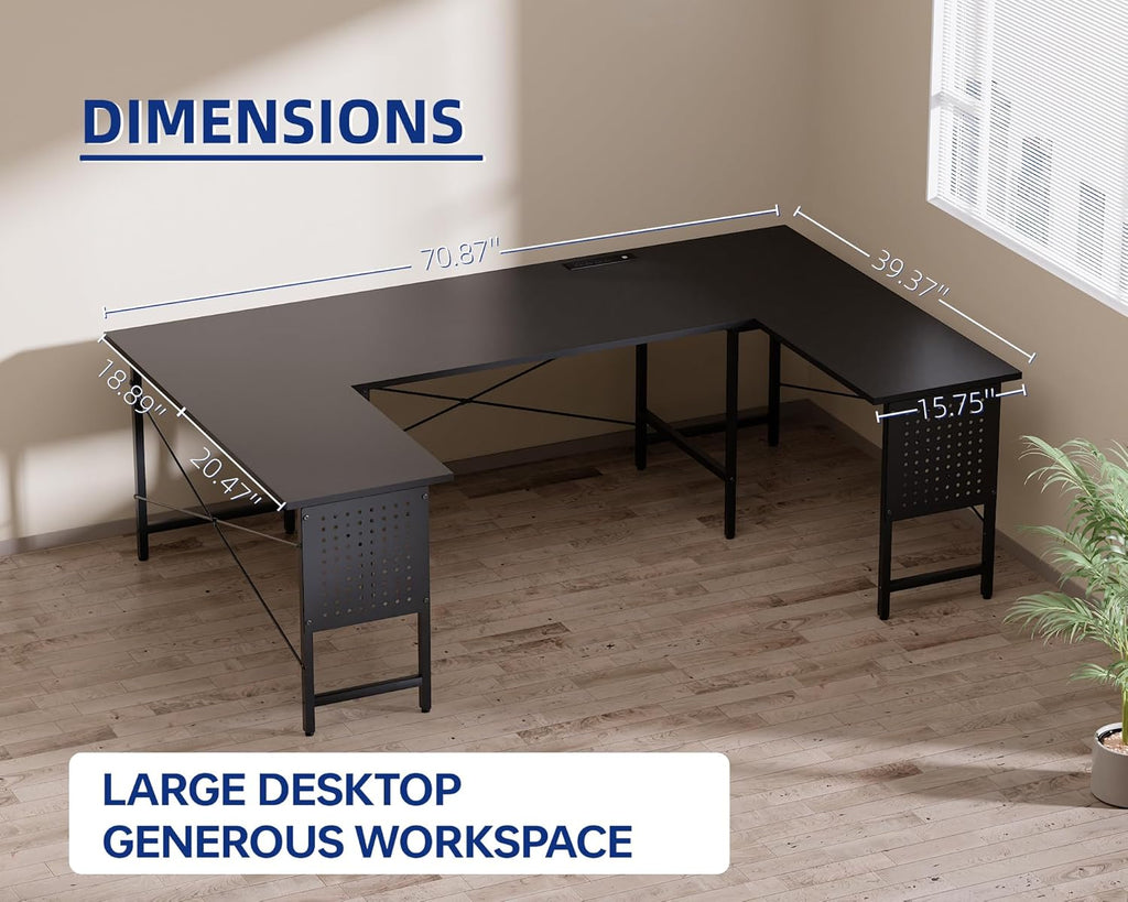 Pamray 71 Inch Large Computer Desk with Power Outlets,U Shaped Corner Desk for Home Office Work and Gaming Black