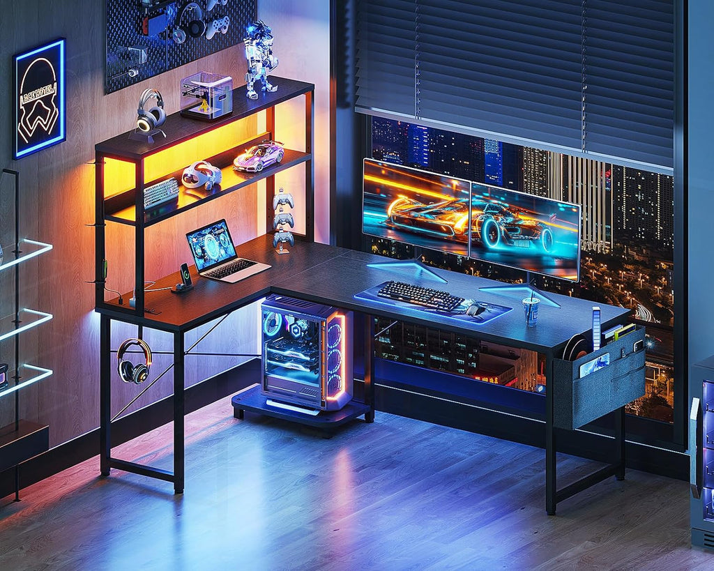 Casaottima 61 Inch Gaming Desk with Power Outlets & LED Lights, Reversible L Shaped Computer Desk with Shelves & Storage Bag, Corner Desk for Home Office, Black