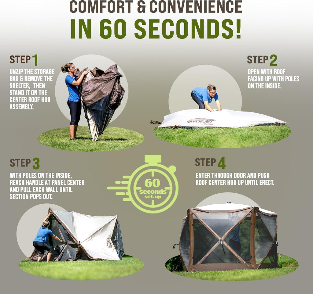 CLAM Quick-Set Pop Up Screen Tent, Pavilion, 12.5 ft, Instant Setup Green Large Outdoor Gazebo Canopy Shelter, Spacious 8-Person Bug-Free Tent for Parties, Backyard, Camping, Events - Green