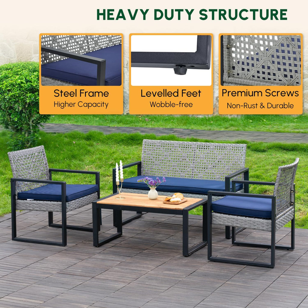 BEEFURNI Wicker Patio Furniture Outdoor Conversation Set of 4, Rattan Outdoor Furniture Set, Acacia Wood Table, 2 Chairs, 1 Loveseat, 2' Cushions, All Weather Set for Patio, Porch, Balcony (Gray)