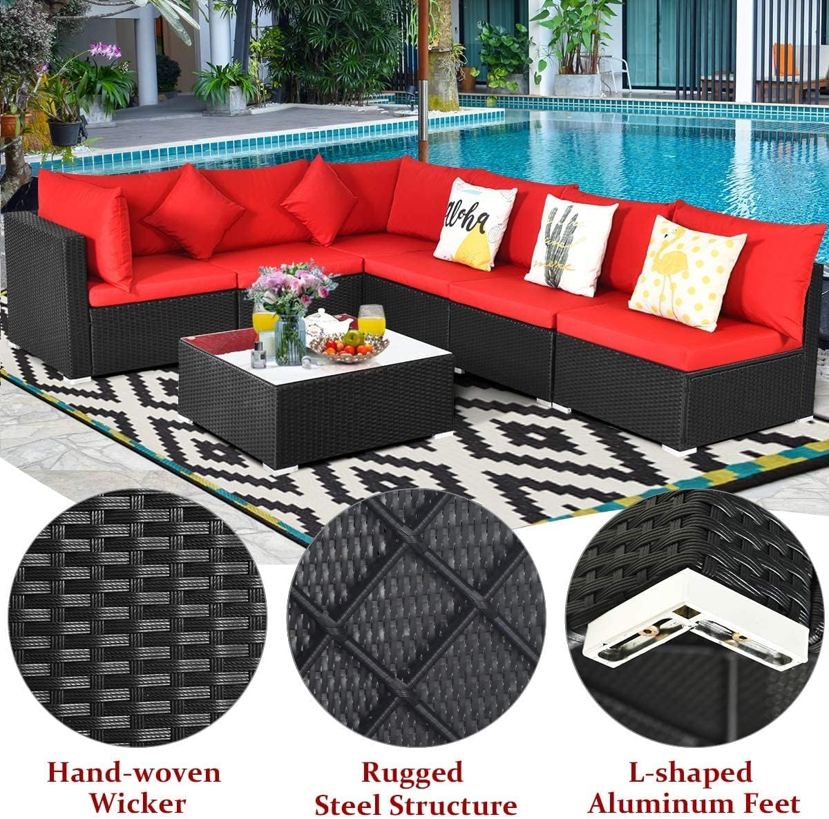 HAPPYGRILL 7pcs Patio Furniture Set Outdoor Rattan Wicker Sectional Sofa Set with Cushions & Pillows & Coffee Table for Garden Lawn