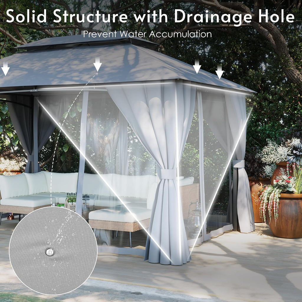 Gazebo 10x13(Canopy Size) with Mosquito Netting & Privacy Screens. Double Roof Design Outdoor Gazebo with Powder-Coated Metal Frame for Patio, Deck, Backyard, Garden & Lawns