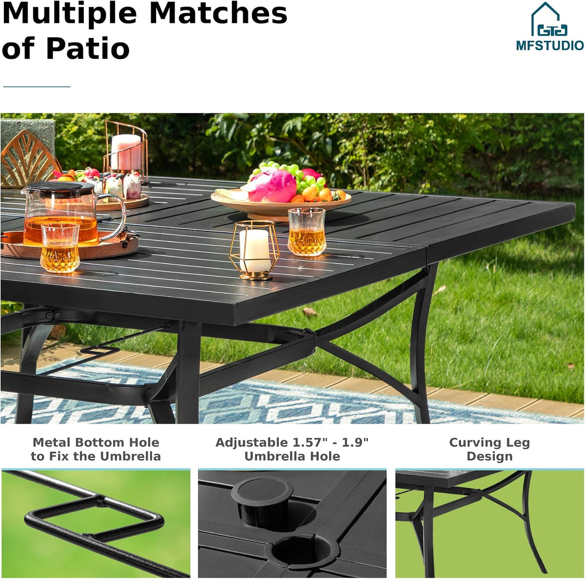 MFSTUDIO Patio Dining Set for 8, Patio Table and Chairs Set for Deck Backyard Poolside Garden, 9 Piece Outdoor Dining Set with Umbrella Hole