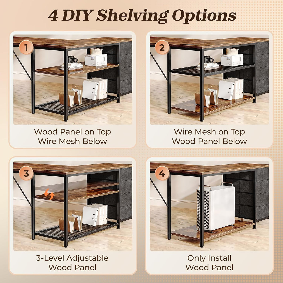PRAISUN 53' L Shaped Desk with Power Outlets and USB-C Port, Reversible Computer Corner Office Desk with 4 Fabric Drawers and 2 Height-Adjustable Shelves, Large for Gaming Writing Study, Rustic Brown