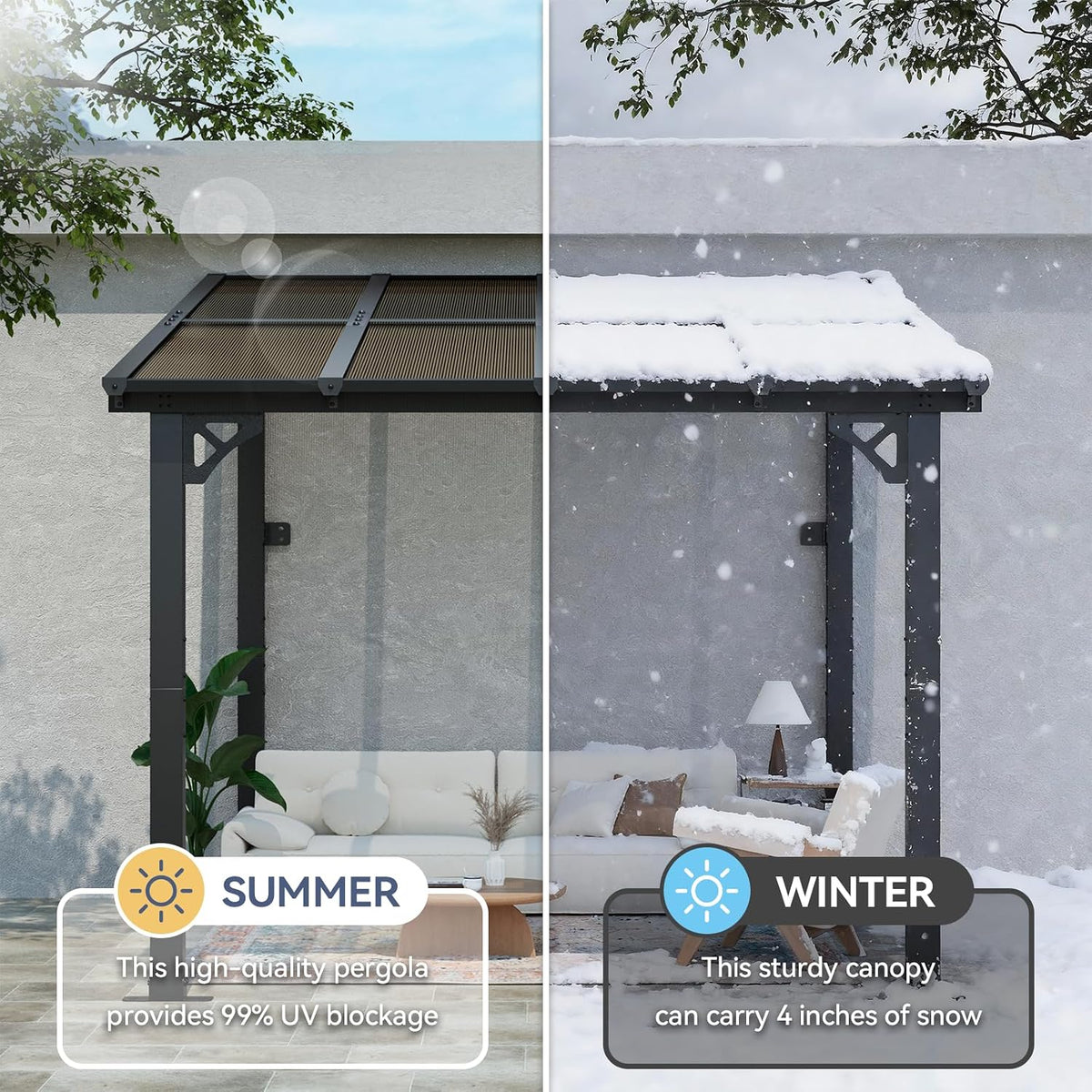 8x10FT Lean to Gazebo, Hardtop Metal Pergola with Polycarbonate Roof, Large Wall Mounted Heavy Duty Awnings, Patio Canopy for Backyard, Deck, Porch, Black
