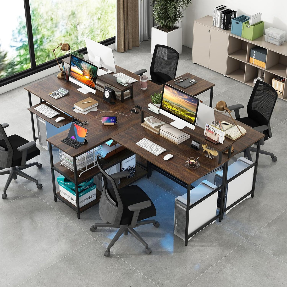 Tangkula 2-Person Reversible Computer Desk with LED Lights, 94.5' Long Office Desk with Power Outlets, Monitor Stand, Keyboard Tray & 2 Storage Shelves, Double Desk for Gaming Working Writing (Walnut)