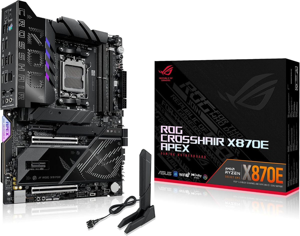 ASUS ROG Crosshair X870E APEX AMD X870E AM5 ATX Motherboard, Advanced AI PC-Ready, 18+2+2 Stages, DDR5, ROG Memory Fan, ROG DIMM.2 Card, Wi-Fi 7, 5G LAN, 3X M.2, PCIe® 5.0, USB4®, USB Type-C®, AI OC