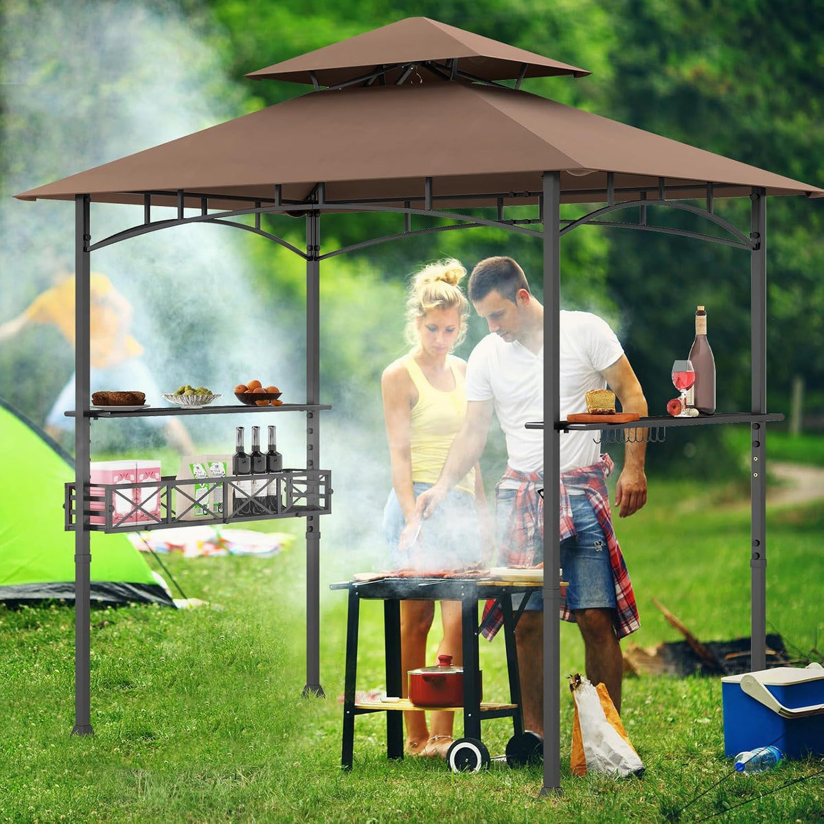 Tangkula 8x5 Ft Grill Gazebo, 2-Tier Barbecue Gazebo with 2 Shelves, 20 Hanging Hooks, Bottle Opener & Storage Basket, Outdoor Grill Canopy for Backyard Garden Poolside (Coffee)