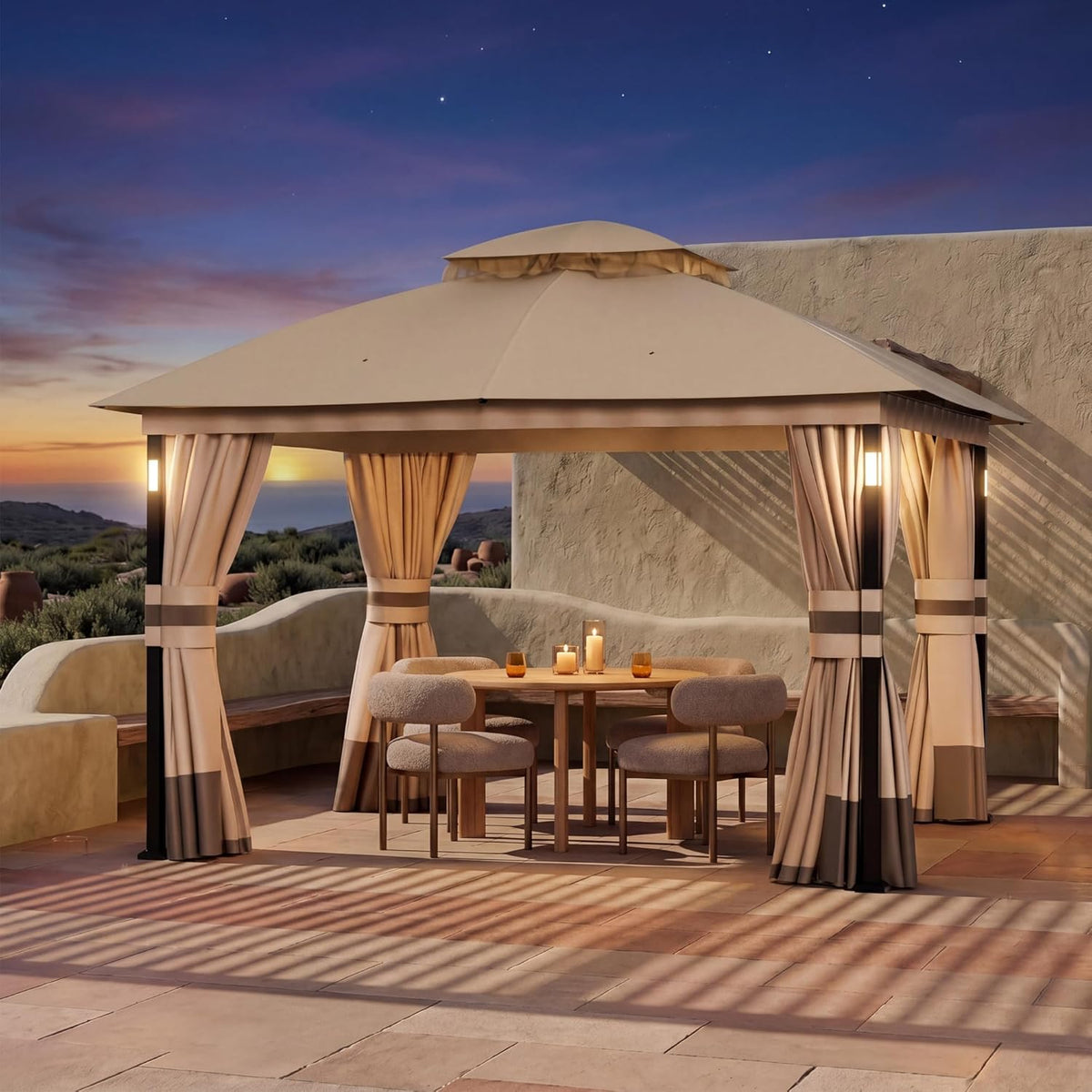 Covered Outdoor Patio Gazebo 10'x12' with LED Lights & Bluetooth Speaker, Heavy Duty Outdoor Canopy Shelter with Metal Frame, Double Roofs, Soft Top Gazebo with Netting and Curtains, Khaki