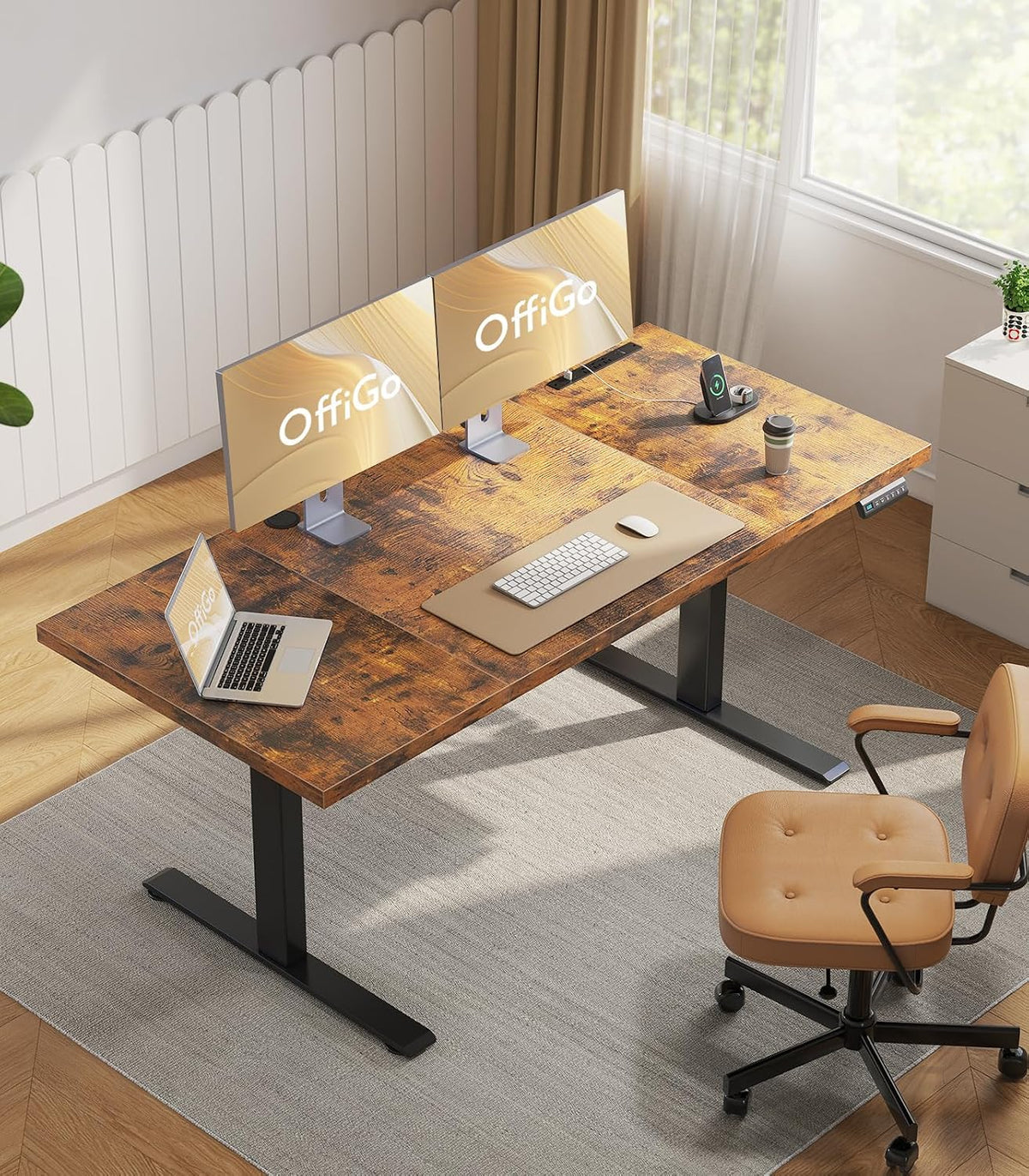 OffiGo 71 Inch Executive Electric Standing Desk, Height Adjustable Desk with Power Outlet & 1.38' Thick 3-Piece Desktop, Sit Stand Computer Desk for Home, Office, Conference Room, Rustic Brown