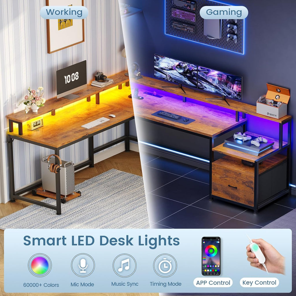 SEDETA 66' L Shaped Desk with Power Outlet, Reversible Home Office Computer Desk with File Drawer & Monitor Shelf, Storage Shelves, LED Lights, Rustic Brown for Corner Small Spaces