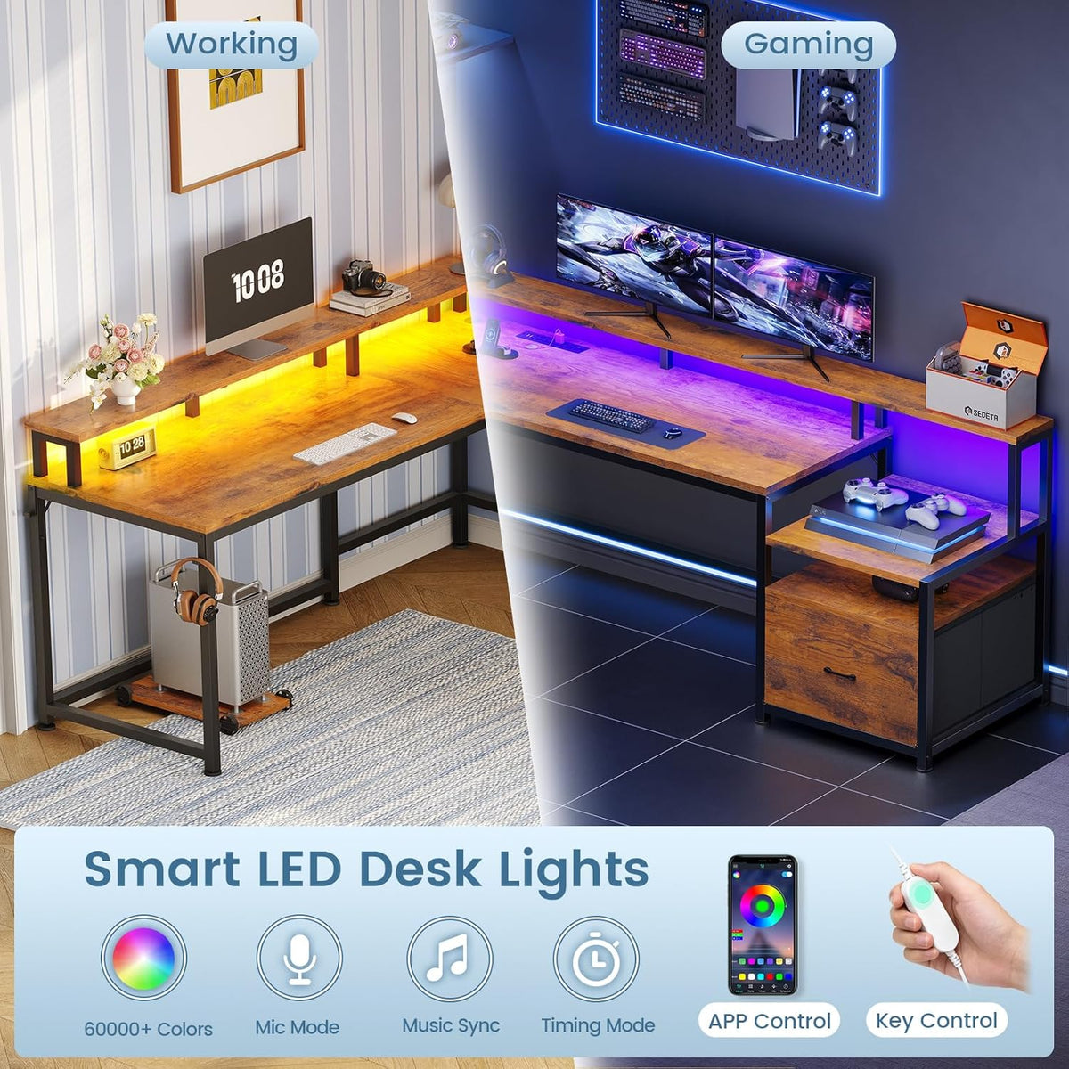 SEDETA 66' L Shaped Desk with Power Outlet, Reversible Home Office Computer Desk with File Drawer & Monitor Shelf, Storage Shelves, LED Lights, Rustic Brown for Corner Small Spaces