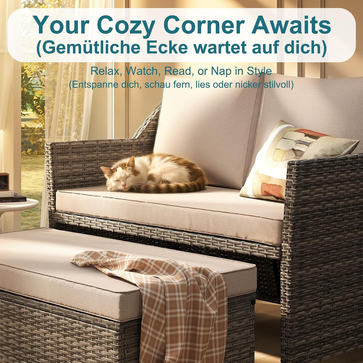 OC Orange-Casual 2-Piece Outdoor Patio Furniture Wicker Love-seat and Coffee Table Set, with Built-in Storage Bin, Grey Rattan, Beige Cushions