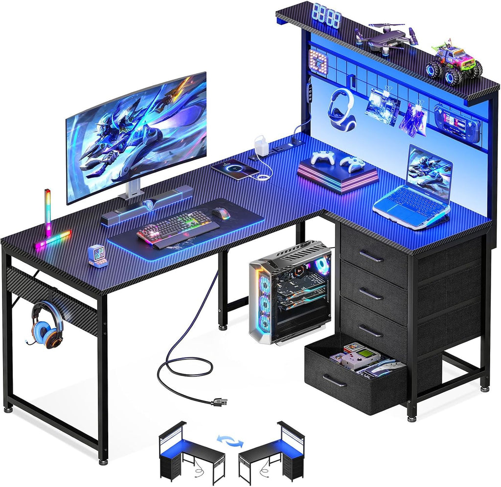 MOTPK 43' L Shaped Gaming Desk for Small Rooms, Compact Corner Computer Table with Shelf & Hutch, 4 Drawers, Reversible Study Desk with LED Light, Power Outlets & USB Ports, Black Carbon Fiber
