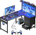 MOTPK 43' L Shaped Gaming Desk for Small Rooms, Compact Corner Computer Table with Shelf & Hutch, 4 Drawers, Reversible Study Desk with LED Light, Power Outlets & USB Ports, Black Carbon Fiber