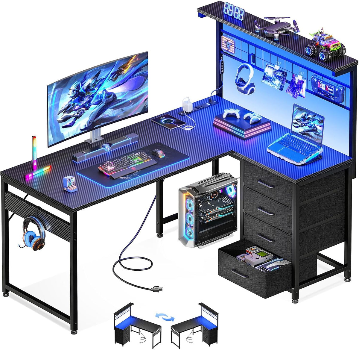 MOTPK 43' L Shaped Gaming Desk for Small Rooms, Compact Corner Computer Table with Shelf & Hutch, 4 Drawers, Reversible Study Desk with LED Light, Power Outlets & USB Ports, Black Carbon Fiber