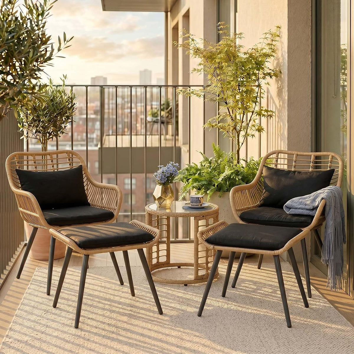 JOIVI 5 Piece Wicker Patio Furniture Set, Rattan Outdoor Bistro Set with 2 Ottomans and Coffee Side Table, Small Patio Conversation Set for Balcony, Front Porch, Garden, Backyard, Black