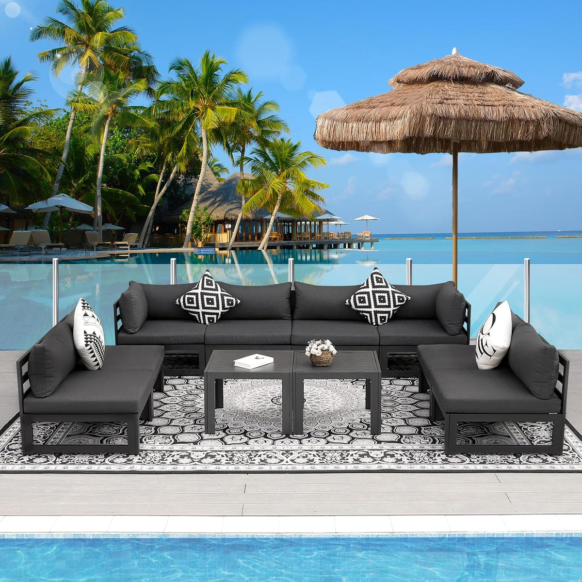 RADIATA 10 Pcs L-Shaped Contemporary Aluminum Outdoor Furniture Set, 29' Deep Wide Large Couch Set, 500 lbs High Weight Capacity Modular Patio Sectional Sofa with Side Table for Garden Yard, Dark Gray