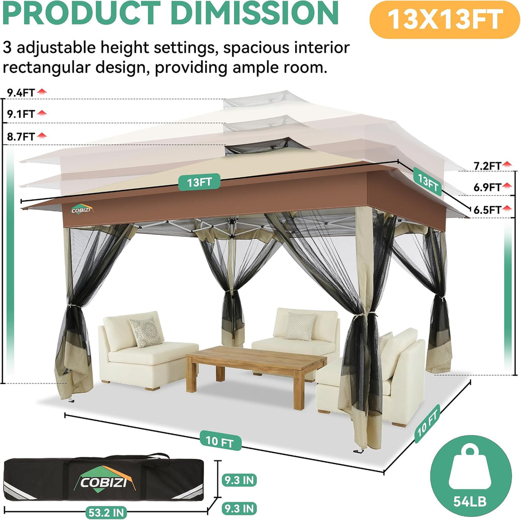 COBIZI 13x13 FT Pop up Gazebo on Clearance - Outdoor pop up Canopy Tent,carpas para Patio, Shelter - Screen Tents with Portable Carry Bag, Patio Gazebos for Camping,Garden,Deck,Backyard,Khaki