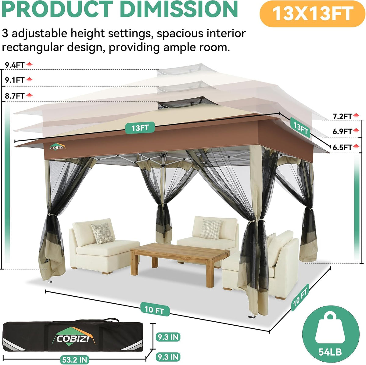 COBIZI 13x13 FT Pop up Gazebo on Clearance - Outdoor pop up Canopy Tent,carpas para Patio, Shelter - Screen Tents with Portable Carry Bag, Patio Gazebos for Camping,Garden,Deck,Backyard,Khaki