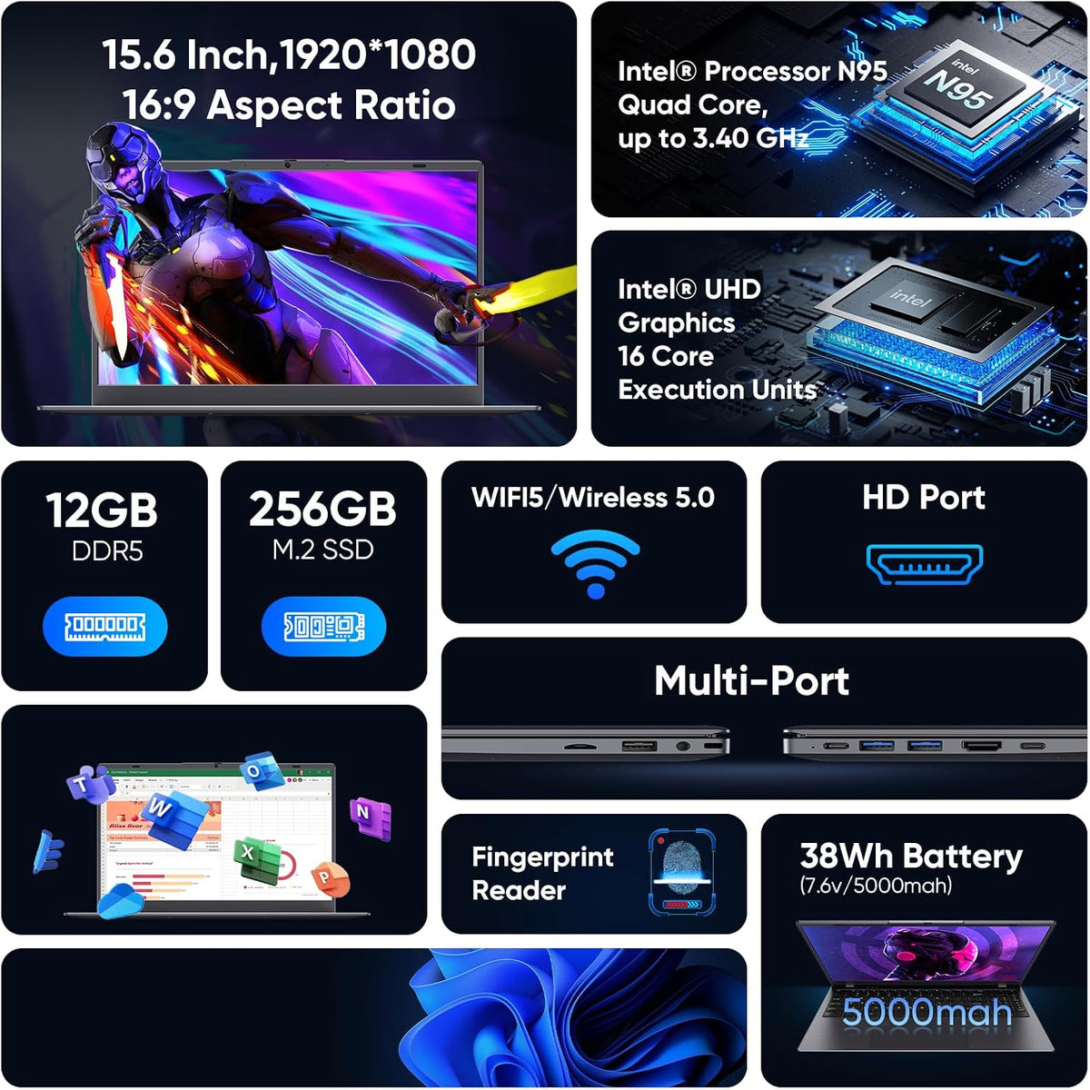 Coolby 15.6inch Laptop, 12GB RAM/256GB SSD, 1920x1080 IPS Display, Intel N95(Beats N5095) Quad Core Laptop Computer, Support Fingerprint, WiFi 5, BT