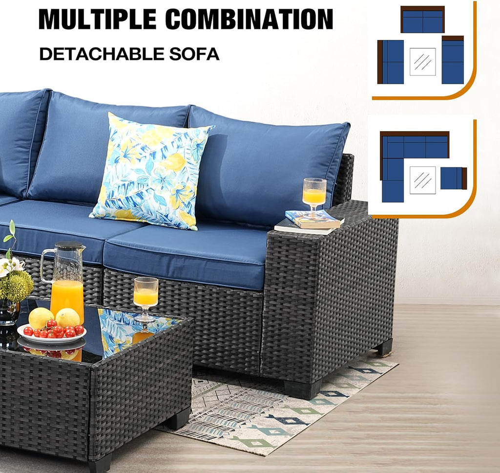 JOYURE 7 Pieces Patio Furniture Set All-Weather Outdoor Wicker Sectional Conversation Sofa Rattan Patio Seating Sofa with Cushion and Glass Table and Ottoman for Porch Poolside,Navy