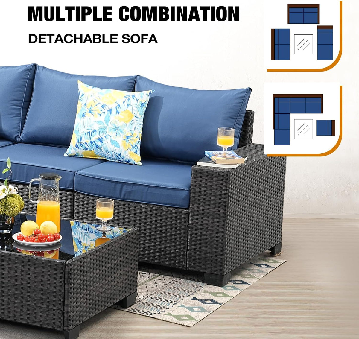 JOYURE 7 Pieces Patio Furniture Set All-Weather Outdoor Wicker Sectional Conversation Sofa Rattan Patio Seating Sofa with Cushion and Glass Table and Ottoman for Porch Poolside,Navy