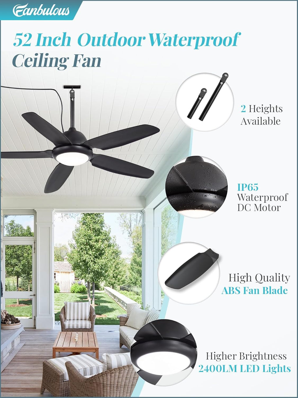 Fanbulous 52 Inch Waterproof Outdoor Ceiling Fan with Lights and Remote,IP65 Hanging Gazebo Fan with 3CCT 6-Speed DC Motor,Black Wet Rated Plug in Ceiling Fan with Cord for Patios Porch Pergola